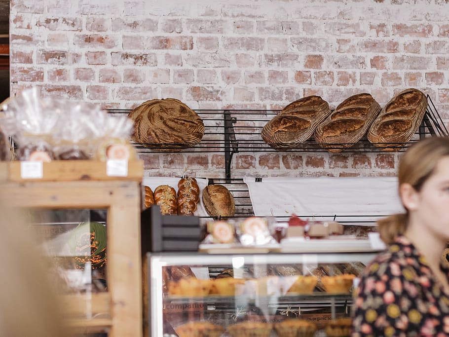 bread on black metal display rack, bakery, coffee shop, pastry HD wallpaper