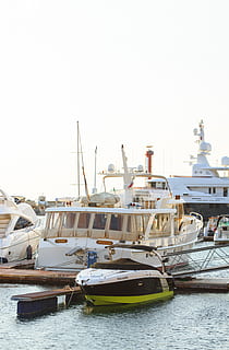 White Yacht Parked on Wooden Dock, beach, boats, clouds, daylight HD wallpaper