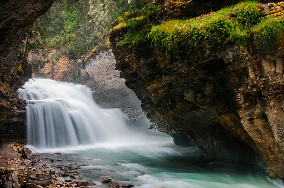 waterfall, alberta, colour, landscape, nature, camping, explore HD wallpaper