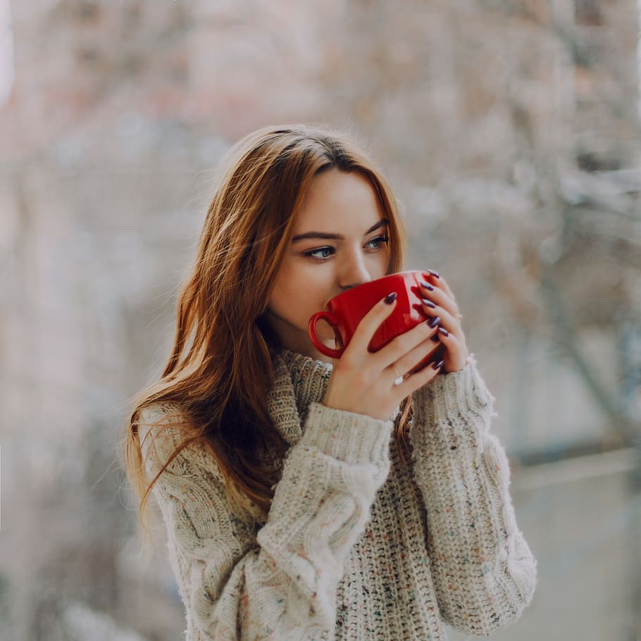 Selective Focus Photography of Woman Holding Red Ceramic Cup, HD wallpaper