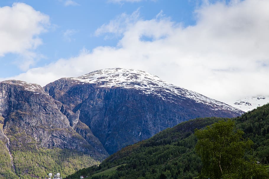norway, mountain, blue sky, trees, cloud - sky, beauty in nature HD wallpaper