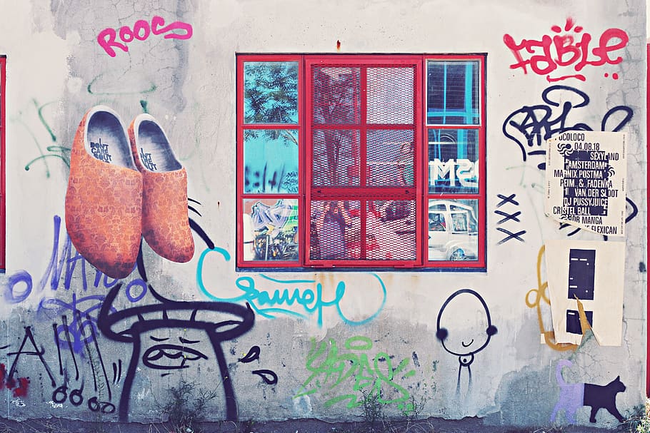 gray wall with red window and graffiti, text, creativity, art and craft HD wallpaper