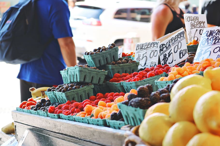 Man Wearing Blue Top and Black Bottom Standing Near Fruit Stand, HD wallpaper