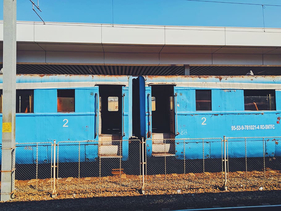 blue passenger train, romania, arad, outdoors, transportation HD wallpaper