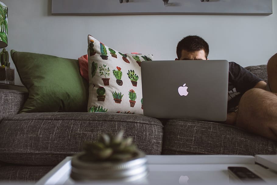 man, laptop, couch, macbook, green, cushion, interior design HD wallpaper