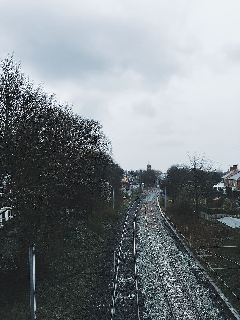 uk, rail, railway, trainline, clouds, track, train track, trees HD wallpaper