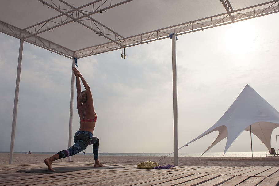 summer, beach, sea, morning, yoga, real people, lifestyles HD wallpaper