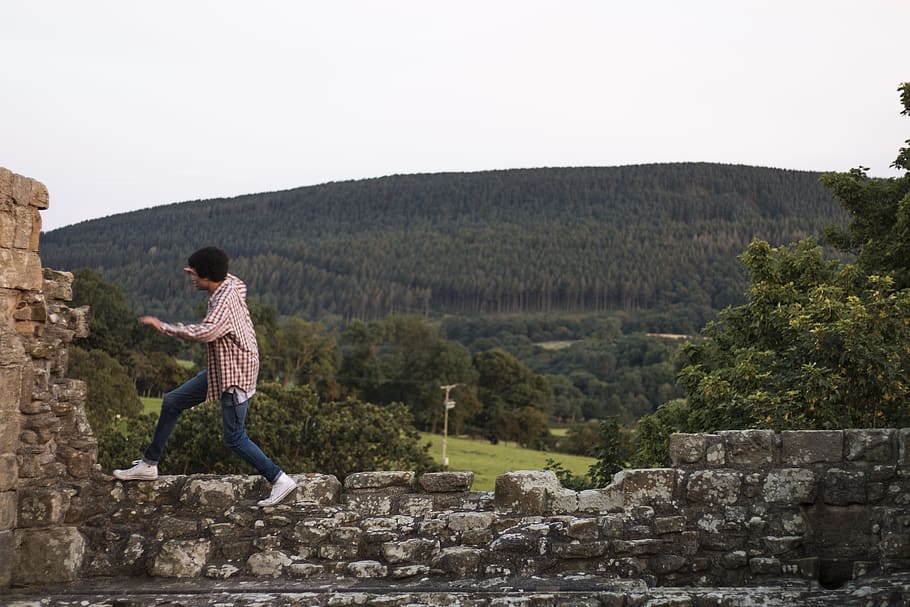 adventure, jump, portrait, man, afro, trees, nature, converse HD wallpaper