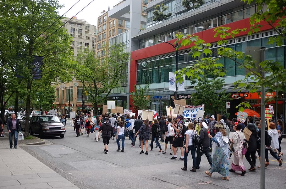 protest, march, rally, gmo, vancouver, downtown, crowd, city HD wallpaper