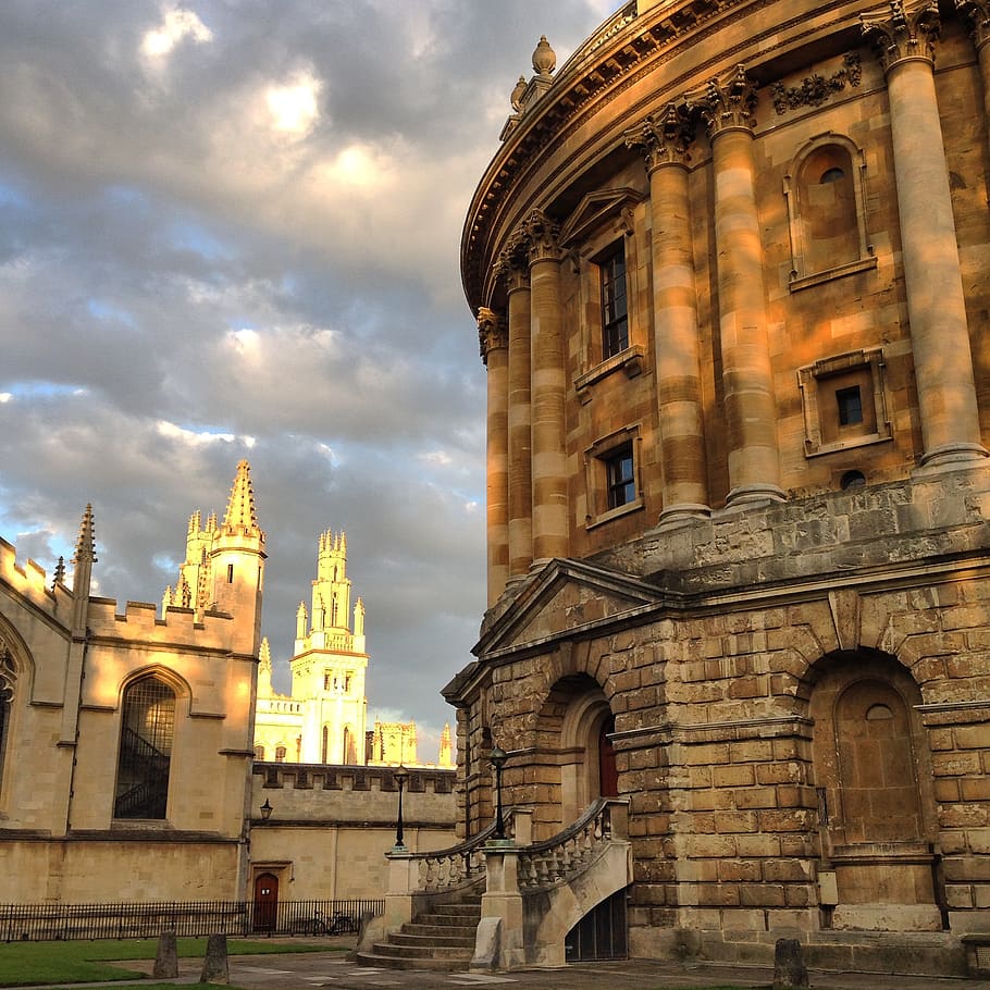 england, oxford, radcliffe camera, sky, clouds, spring, golden hour, HD wallpaper