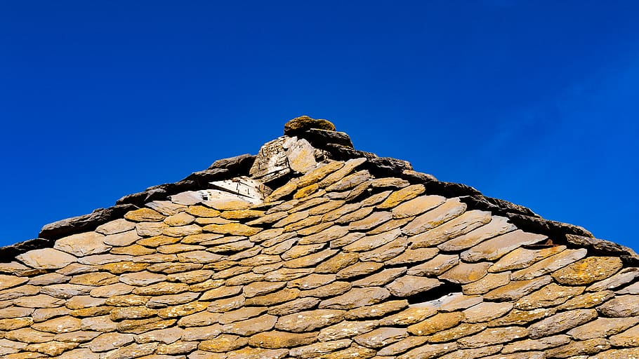 stone cairn, roof, tile roof, geometry, pattern, blue sky, cantal HD wallpaper