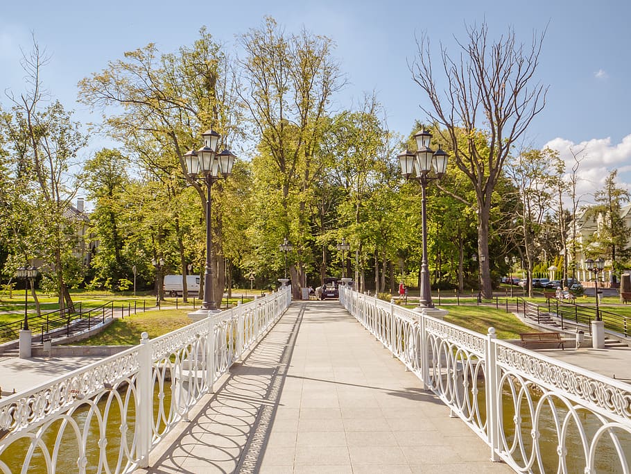 street, trees, park, lanterns, lighs, summer, bridge, green park HD wallpaper