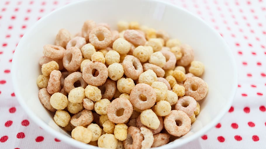 cereal, bowl, rings, table, table cloth, polka dots, food, food and drink HD wallpaper