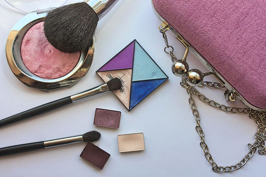cosmetics, makeup, shadow, blush, brush, handbag, eyes, person HD wallpaper