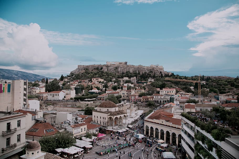 Brown and White Concrete Buildings, architecture, athens, clouds HD wallpaper