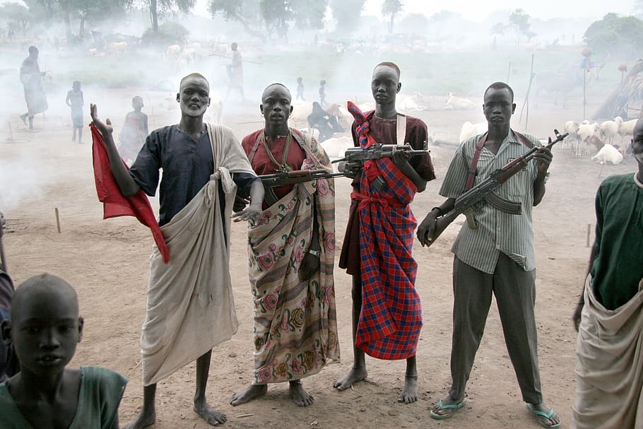 four men holding assault rifles, group of people, clothing, real people HD wallpaper