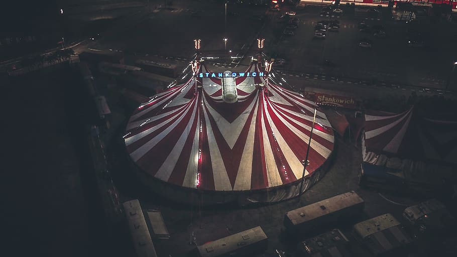 aerial photography of red and white tent, circus, leisure activities, HD wallpaper