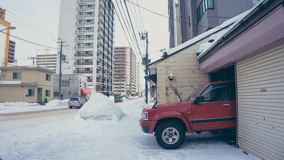 japan, sapporo, winter, snow, car, hokkaido, building, holiday, HD wallpaper
