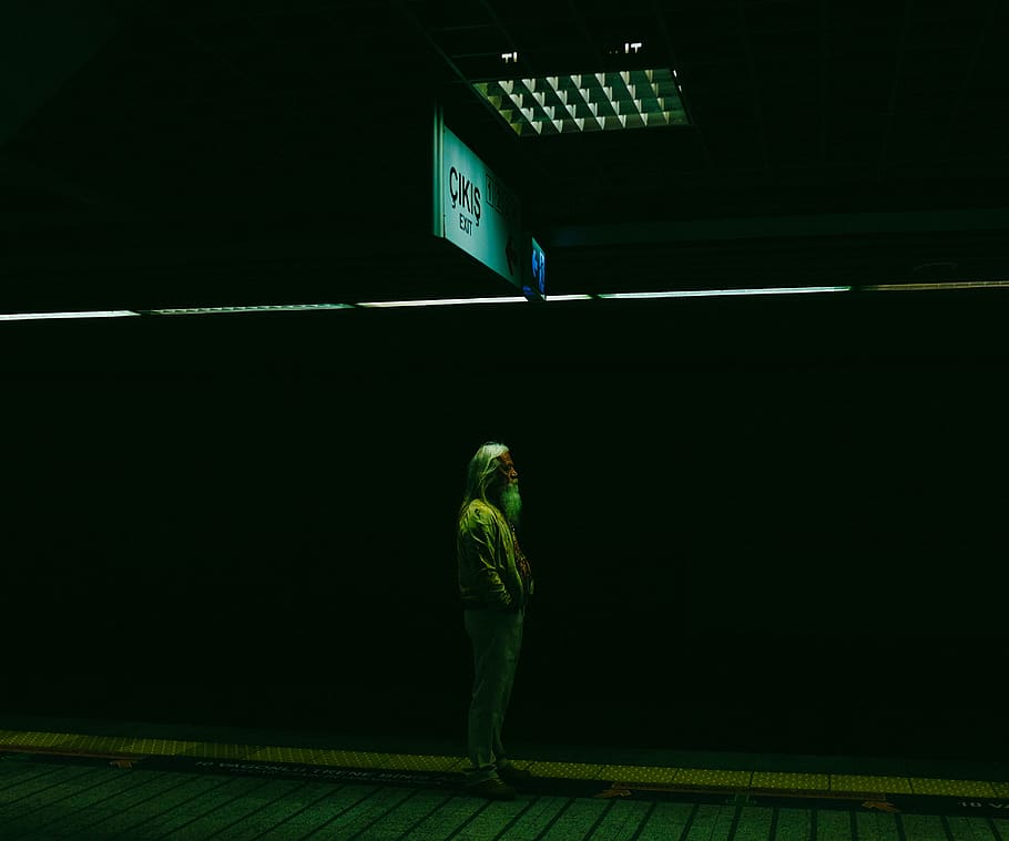 dark, people, old, man, standing, alone, sign, one person, full length HD wallpaper