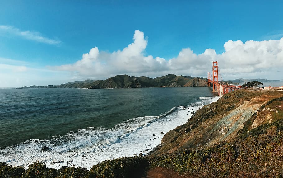 golden gate bridge, water, sea, sky, cloud - sky, beach, land HD wallpaper