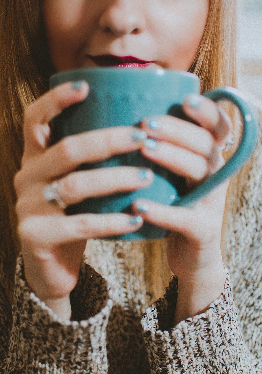 Woman Holding Blue Ceramic Mug, beverage, coffee, cup, drink HD wallpaper