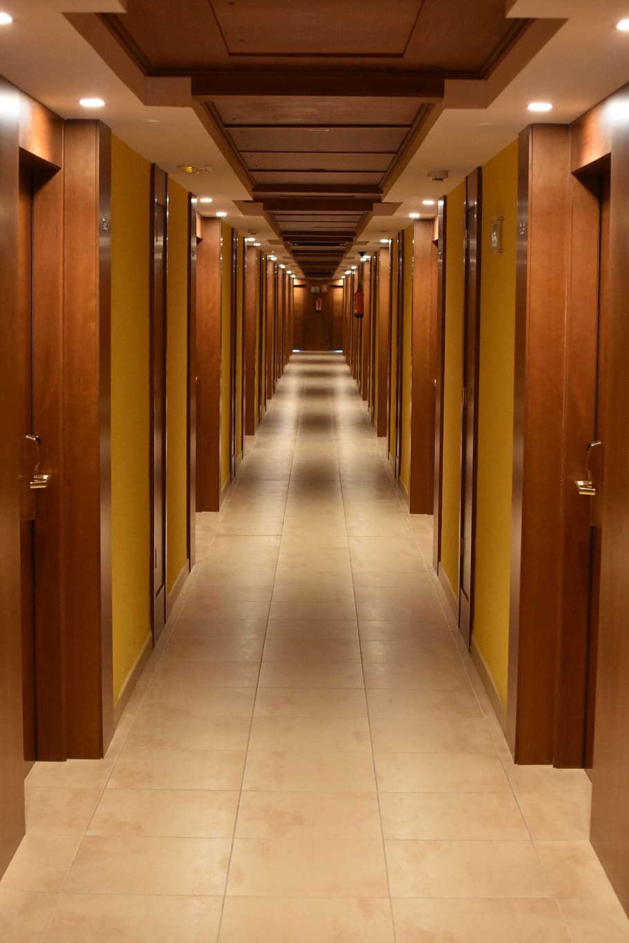 Turned-on Lights Along Hotel Hallway, aisle, architecture, building HD wallpaper