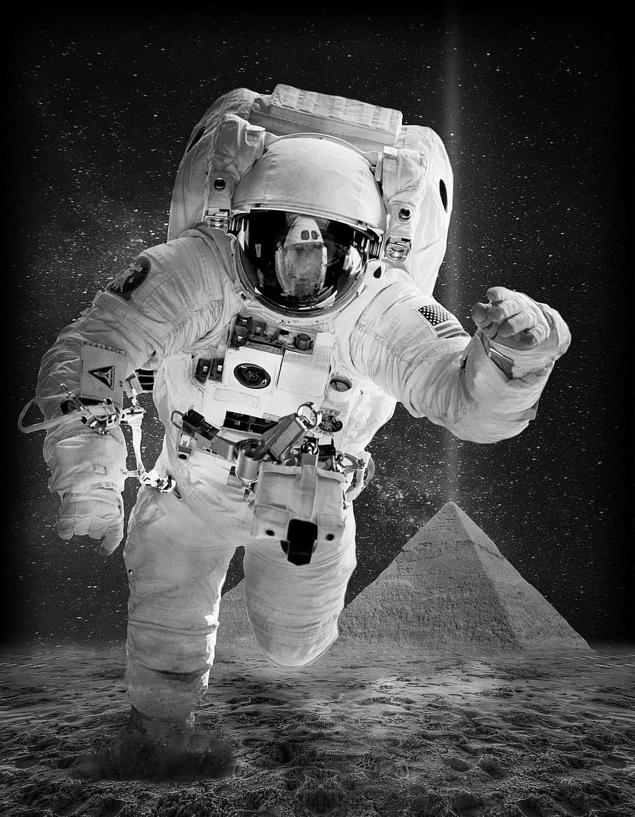 pyramid, structure, construction, moon, nature, landscape, astronaut HD wallpaper