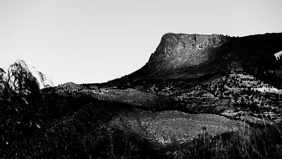 spain, murcia, mountain, plateau, landscape, trees, bw, hills HD wallpaper