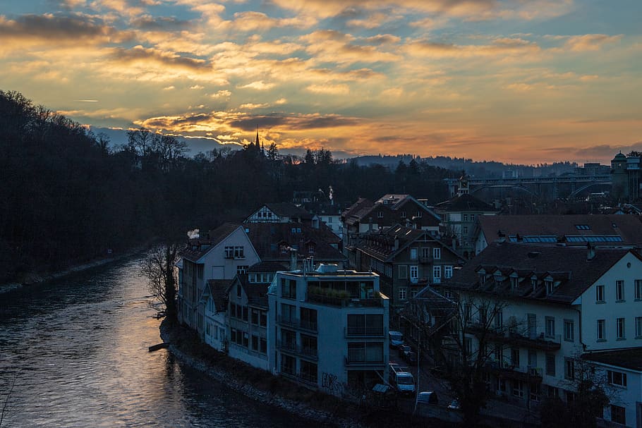 bern, aare, evening, mood, city, sunset, water, capital, cloud - sky HD wallpaper
