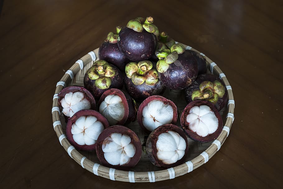 Basket of Mangosteen, close-up, colors, delicious, food, fresh