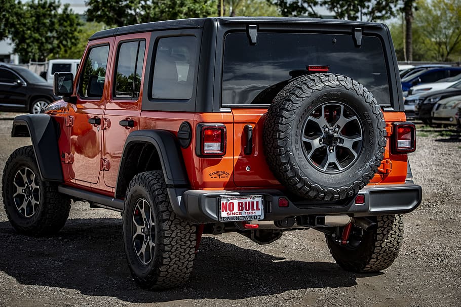 Hd Wallpaper Back View Photo Of A Parked Red Jeep Wrangler Rubicon Automotive Wallpaper Flare