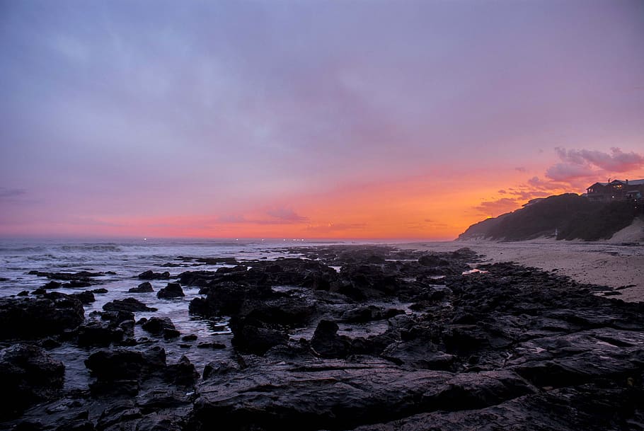 south africa, jeffreys bay, sunset, sea, waves, fire, rocks