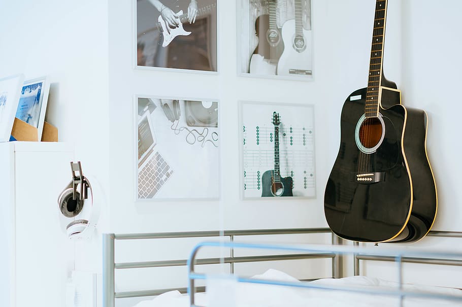black acoustic guitar, leisure activities, musical instrument, HD wallpaper