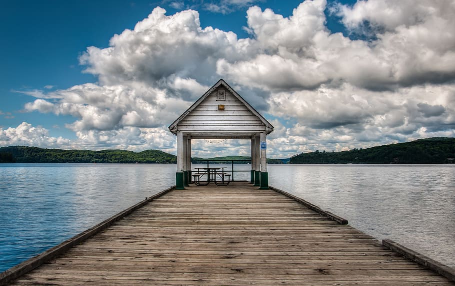 canada, dwight, summer, sky, clouds, dock, lake, nature, water, HD wallpaper