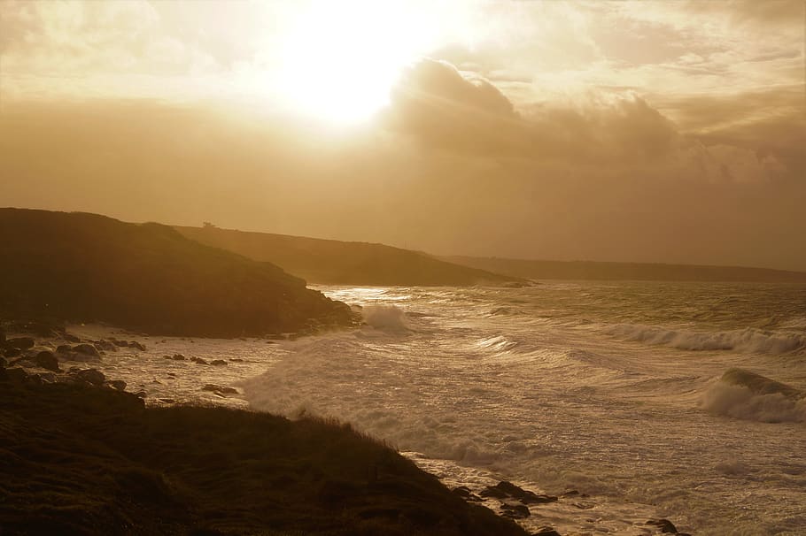 sun, sea, wave, winter, ocean, clouds, nature, beach, sand HD wallpaper