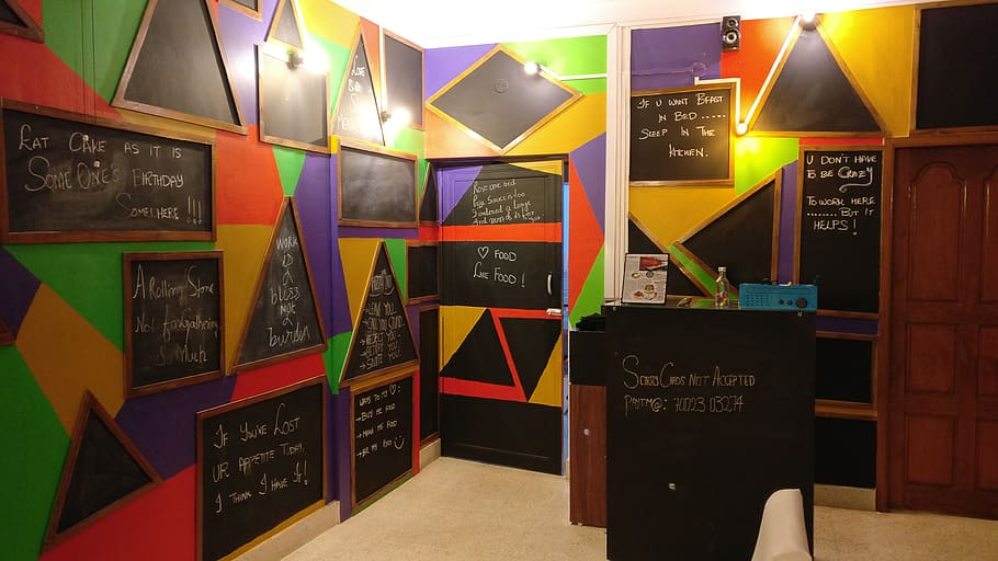 reception, walls, chalk board, black board, quotes, cafe, communication HD wallpaper