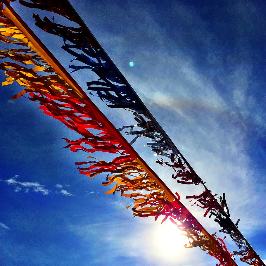 Banners Under Blue Sky, art, bright, clouds, colorful, daytime HD wallpaper