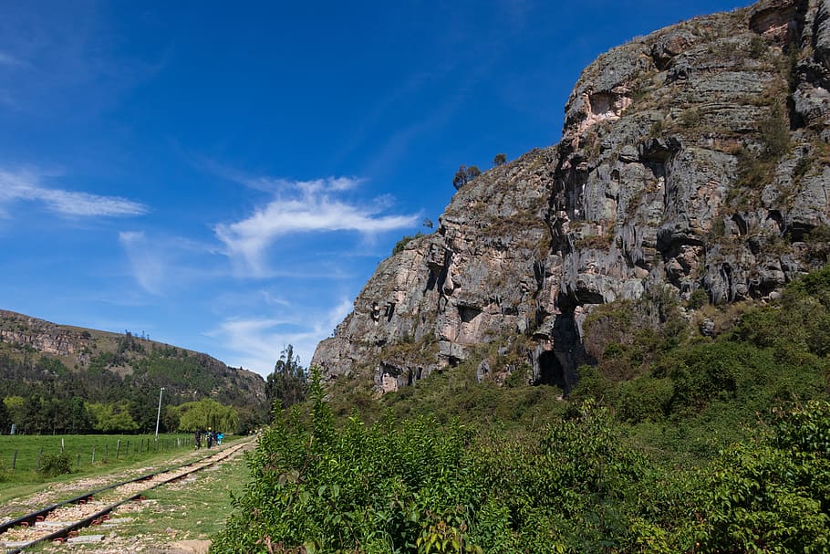rocks, mountain, climb, sky, train tracks, green, nature, blue sky HD wallpaper