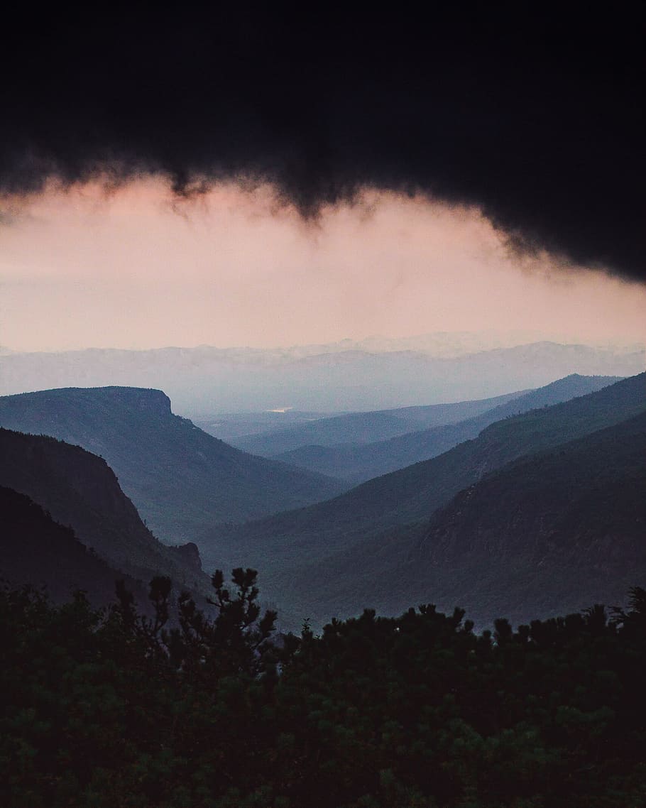 green trees near mountain, cloud, storm, sunset, sunrise, valley HD wallpaper