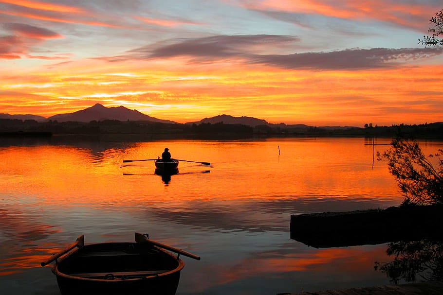 sunset, waters, lake, allgäu, orange color, sky, beauty in nature HD wallpaper