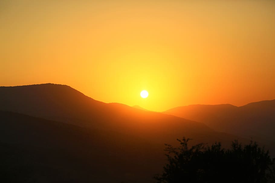 sunset, nature, forest, sky, in the evening, horizon, mountain HD wallpaper