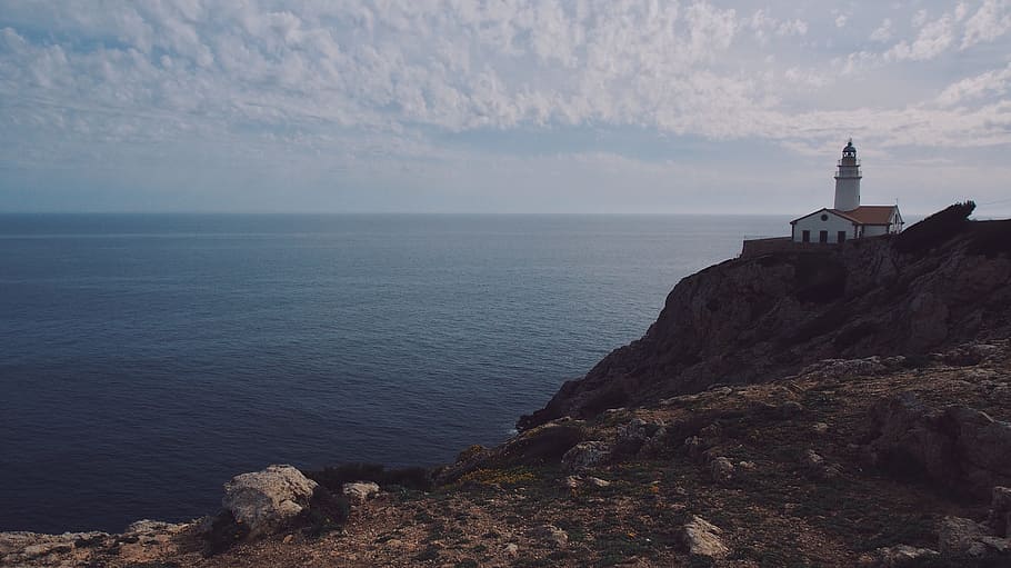 Lighthouse, cliff, coast, daylight, ocean, outdoors, sea, seascape HD wallpaper