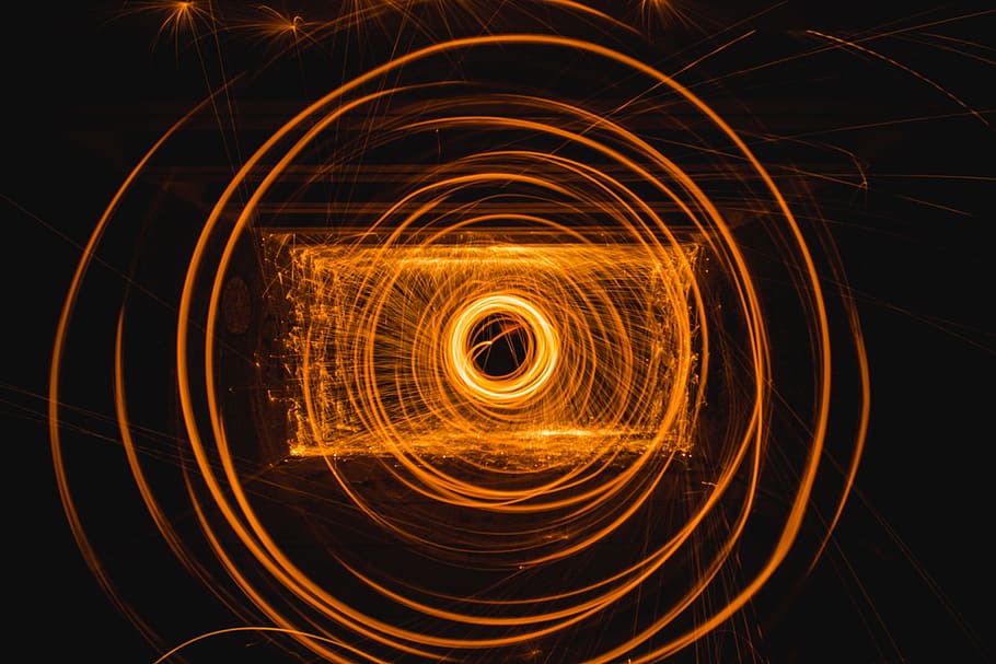 steel wool photo of orange fire, light, abstract, light trail HD wallpaper