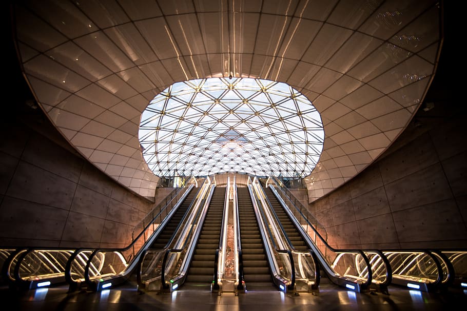 escalators, station, architecture, city, indoors, built structure HD wallpaper