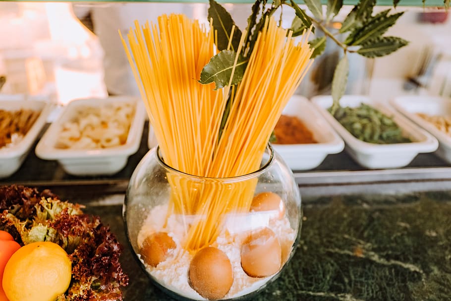 Uncooked Pasta Inside Fish Bowl, buffet, food, meal, noodles HD wallpaper