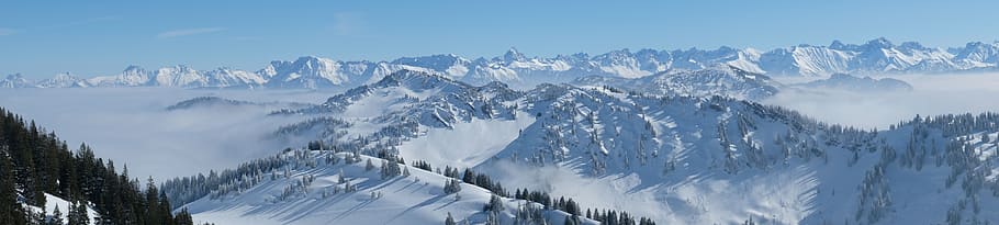 snow, winter, panoramic image, panorama, ice, mountain, landscape HD wallpaper