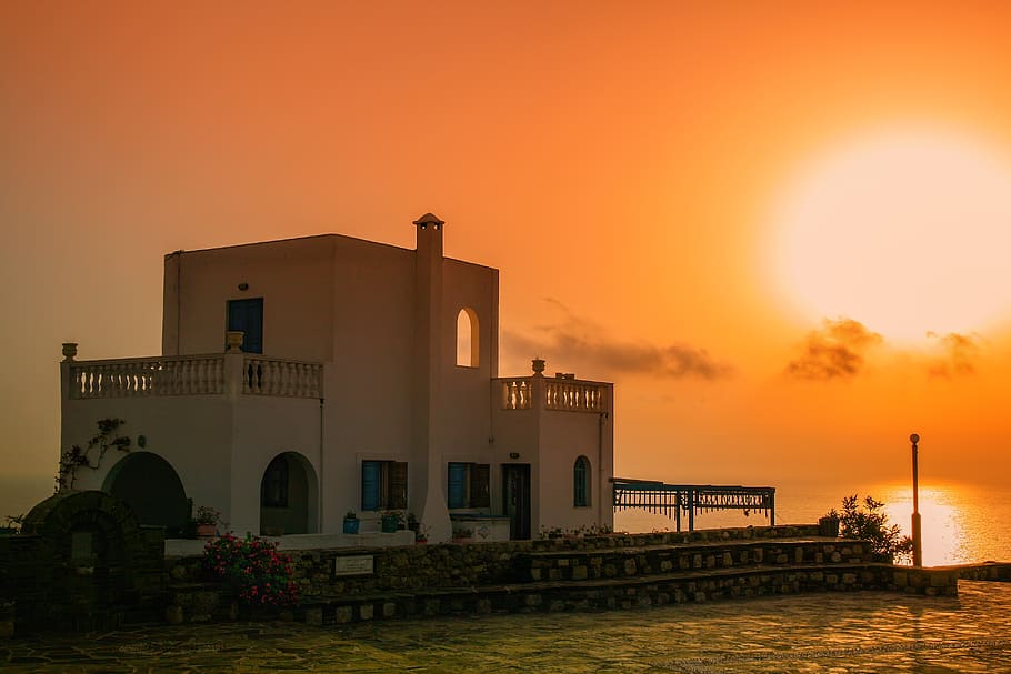 sunset, architecture, building, greece, karpathos island, dusk HD wallpaper