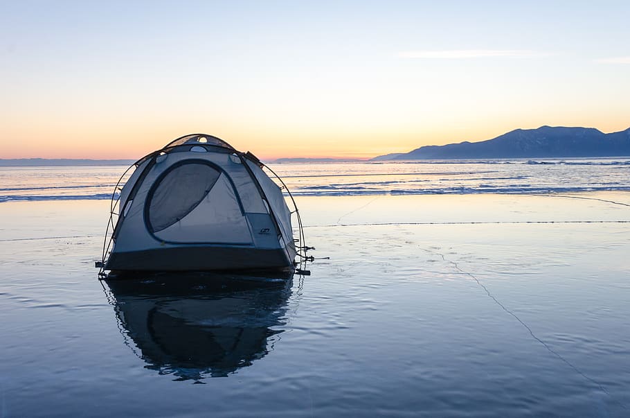 white dome tent, water, sky, sunset, sea, scenics - nature, beauty in nature HD wallpaper