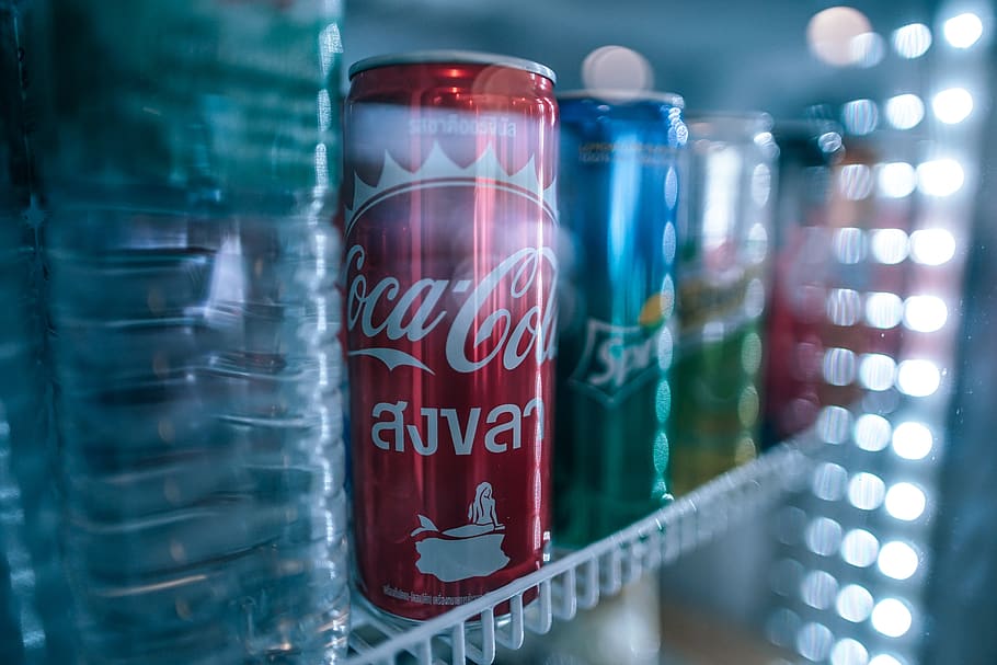 cola, beverage, brand, can, carbonated, coke, cool, drink, fridge, HD wallpaper