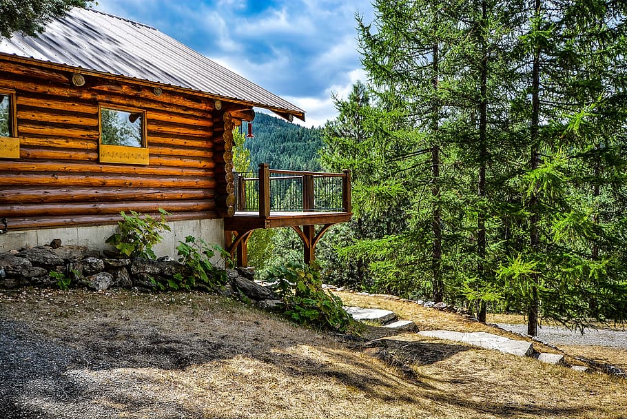 Brown Wooden House Beside Trees, beam, cabin, clouds, country HD wallpaper